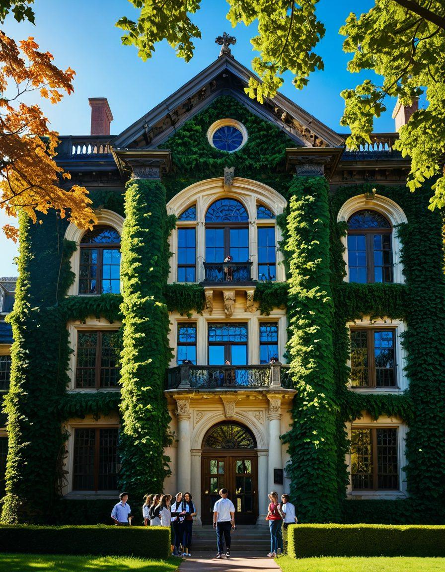 A majestic ivy-covered university building under a clear blue sky, symbolizing exclusive education and privilege. In the foreground, a diverse group of students engaged in deep discussion, their expressions showcasing curiosity and ambition. Surrounding them are lush green gardens and ancient trees, adding to the atmosphere of wisdom and knowledge. The sunlight filters through the leaves, casting a warm glow. super-realistic. vibrant colors. bright background.