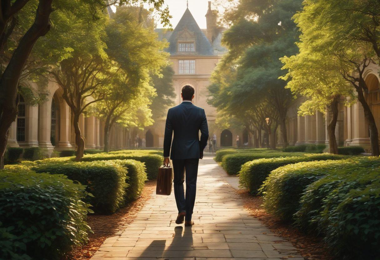 A mysterious figure in a tailored suit, subtly walking through a grand ivy-covered university campus, with glimpses of hidden pathways and secrets in the shadows. Books and briefcases scattered around, symbolizing knowledge and power. The atmosphere should feel exclusive, with an air of intrigue and elegance. lush greenery in the foreground, golden hour lighting enhancing the scene's sophistication. super-realistic. vibrant colors. dramatic lighting.
