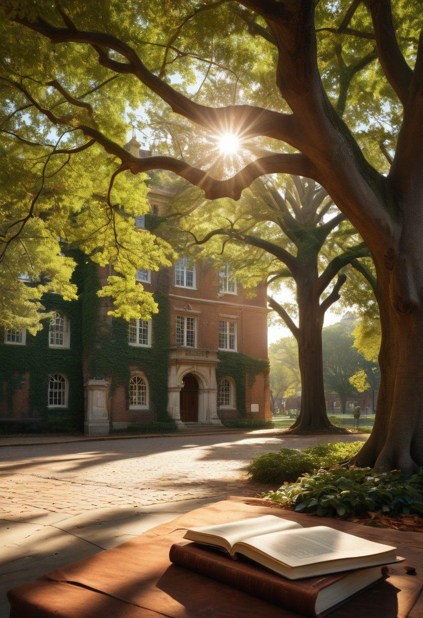 A picturesque campus scene featuring iconic ivy-covered buildings of elite universities, with a diverse group of engaged students discussing and collaborating under a large oak tree. Sunlight filtering through leaves, evoking a sense of exclusivity and wisdom. Background elements include books, diplomas, and symbols of knowledge like globes and laptops. super-realistic. vibrant colors. soft focus on the background.
